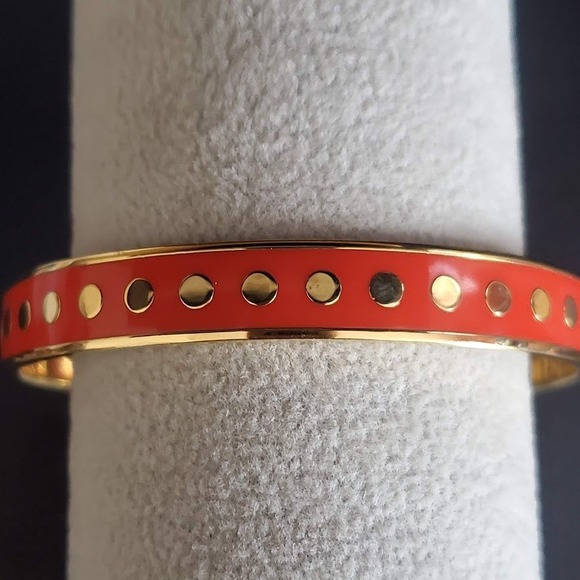 Kate Spade New York Penny For Your Thoughts Red Enamel Gold Polka Dot Bangle - Picture 2 of 8